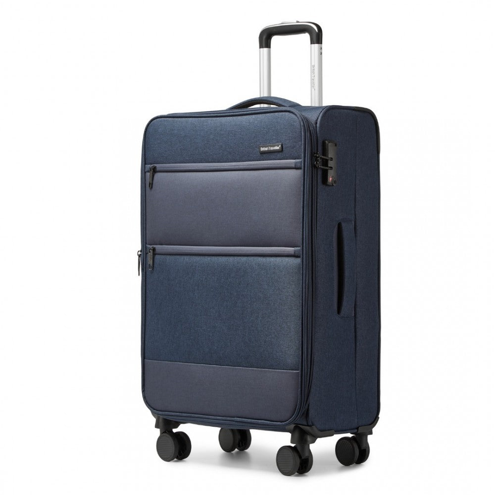 British Traveller K2397L Mid-Size Luggage in Navy (70x43x25 cm) - Lightweight Soft Shell Expandable Suitcase With TSA Lock - Luggage eStore