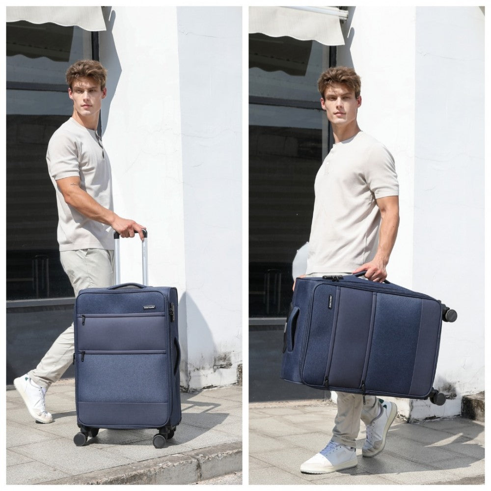 British Traveller K2397L Mid-Size Luggage in Navy (70x43x25 cm) - Lightweight Soft Shell Expandable Suitcase With TSA Lock - Luggage eStore