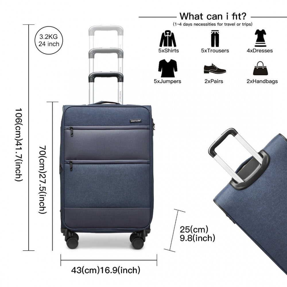British Traveller K2397L Mid-Size Luggage in Navy (70x43x25 cm) - Lightweight Soft Shell Expandable Suitcase With TSA Lock - Luggage eStore