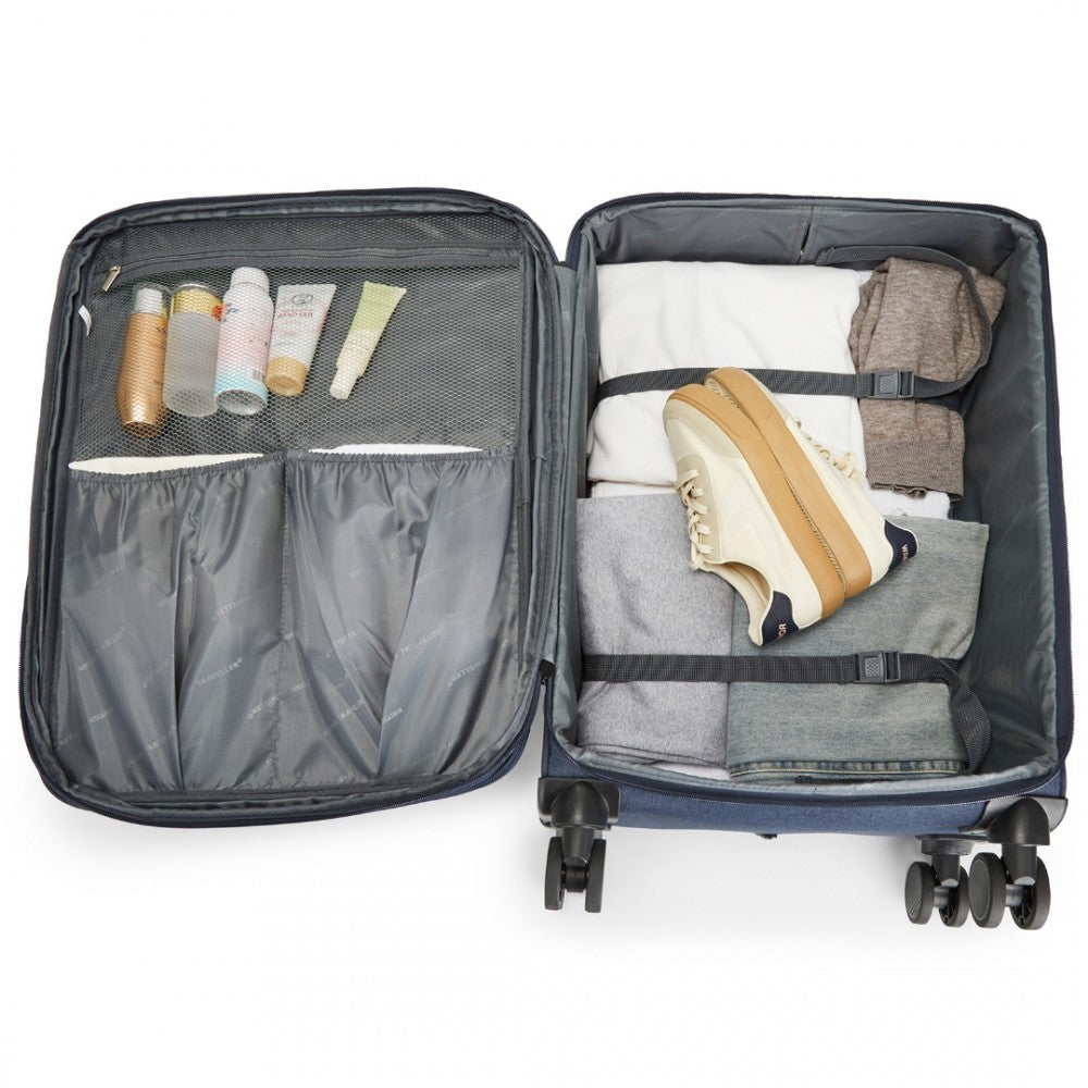 British Traveller K2397L Mid-Size Luggage in Navy (70x43x25 cm) - Lightweight Soft Shell Expandable Suitcase With TSA Lock - Luggage eStore