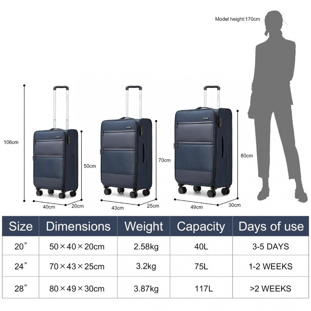 British Traveller K2397L 3-Piece Soft Shell Luggage Set in Navy - Lightweight with TSA Locks - Luggage eStore