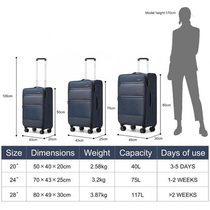 British Traveller K2397L 3-Piece Soft Shell Luggage Set in Navy - Lightweight with TSA Locks - Luggage eStore