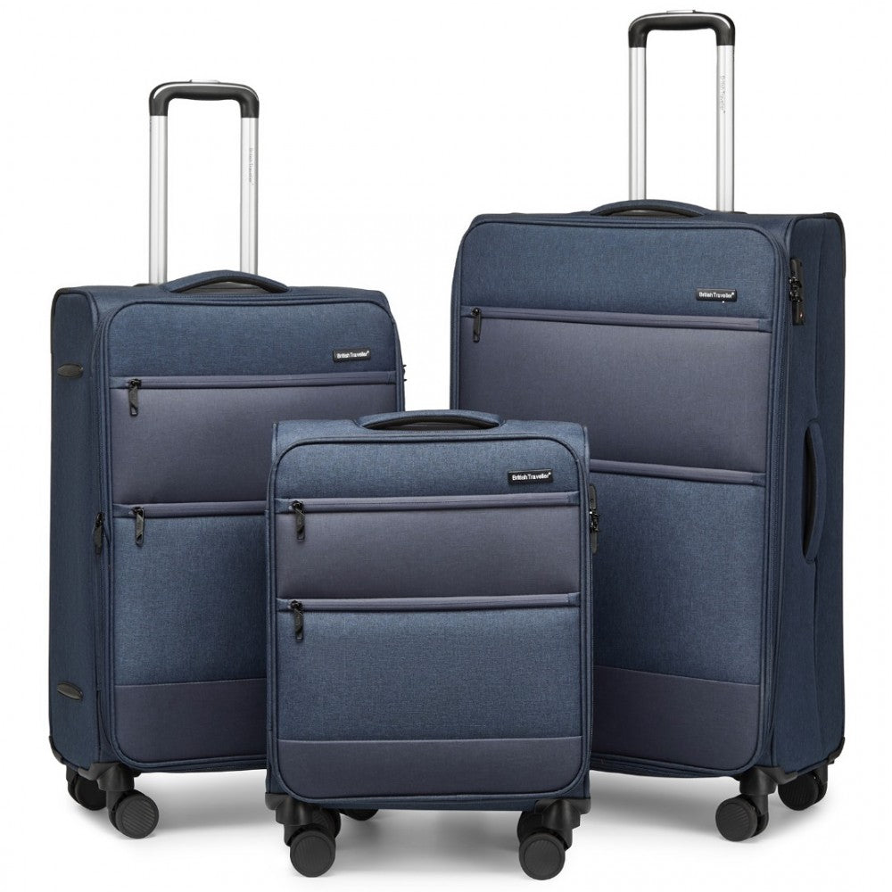 British Traveller K2397L 3-Piece Soft Shell Luggage Set in Navy - Lightweight with TSA Locks - Luggage eStore
