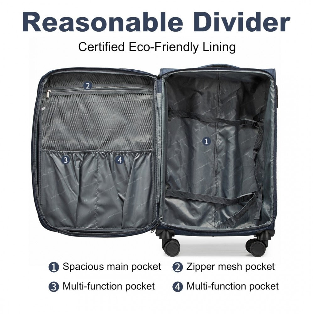 British Traveller K2397L 3-Piece Soft Shell Luggage Set in Navy - Lightweight with TSA Locks - Luggage eStore
