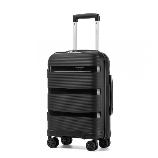Kono KSK2492 Cabin Luggage in Black (55x38x20 cm) - PP Hardshell Lightweight and Durable - Features TSA Lock & 360° Spinner Silent Wheels - Black PP hardshell cabin luggage with textured horizontal grooves, retractable handle, TSA lock, and 360° spinner wheels.
