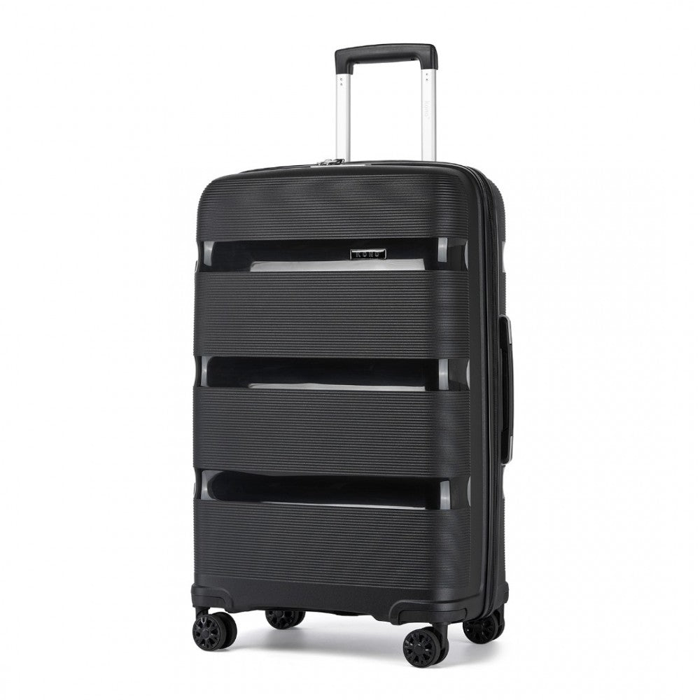 Kono KSK2492 Large Checked Luggage in Black (75x47.5x29cm) - PP Hardshell Lightweight and Durable - Features TSA Lock & 360° Spinner Silent Wheels - Black hardshell luggage with large horizontal textured stripes, telescopic handle, and four 360° spinner wheels.