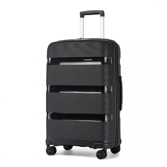 Kono KSK2492 Large Checked Luggage in Black (75x47.5x29cm) - PP Hardshell Lightweight and Durable - Features TSA Lock & 360° Spinner Silent Wheels - Black hardshell luggage with large horizontal textured stripes, telescopic handle, and four 360° spinner wheels.