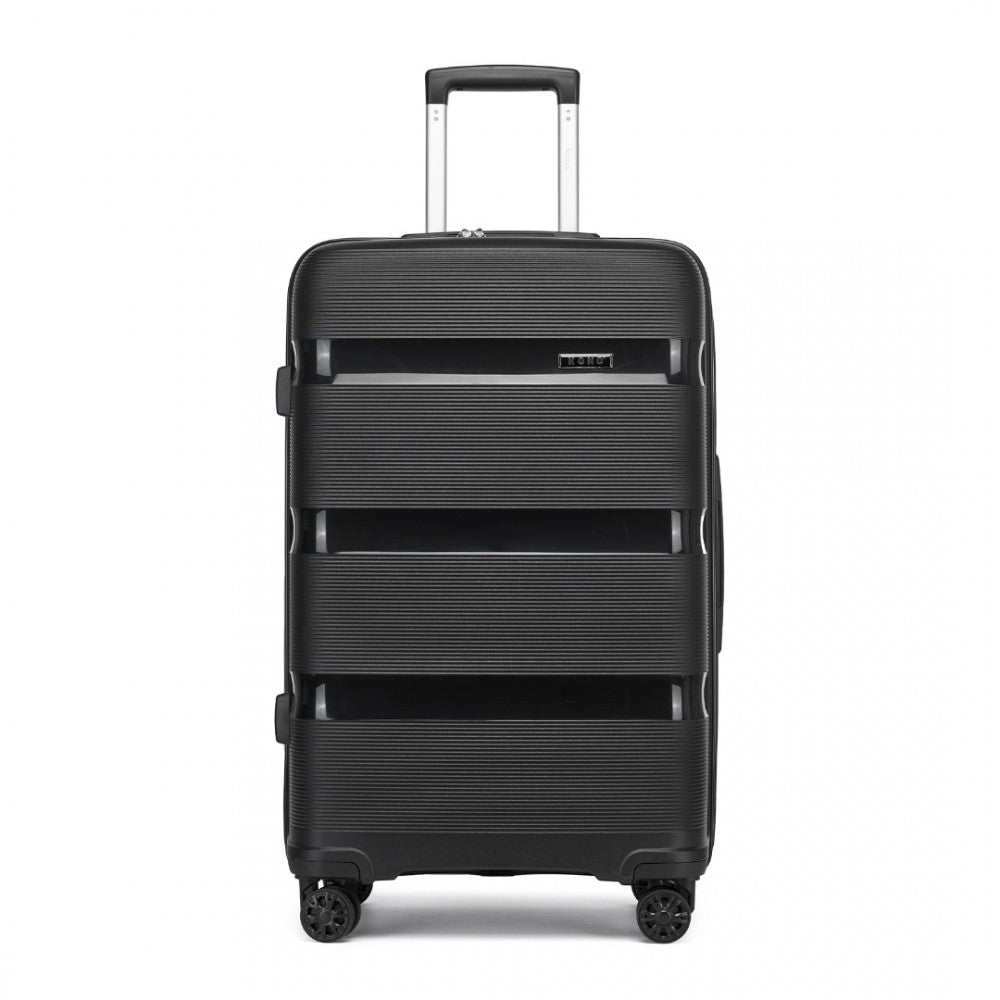 Kono KSK2492 Large Checked Luggage in Black (75x47.5x29cm) - PP Hardshell Lightweight and Durable - Features TSA Lock & 360° Spinner Silent Wheels - Large black hardshell suitcase with horizontal ridges, telescopic handle, and four spinner wheels.