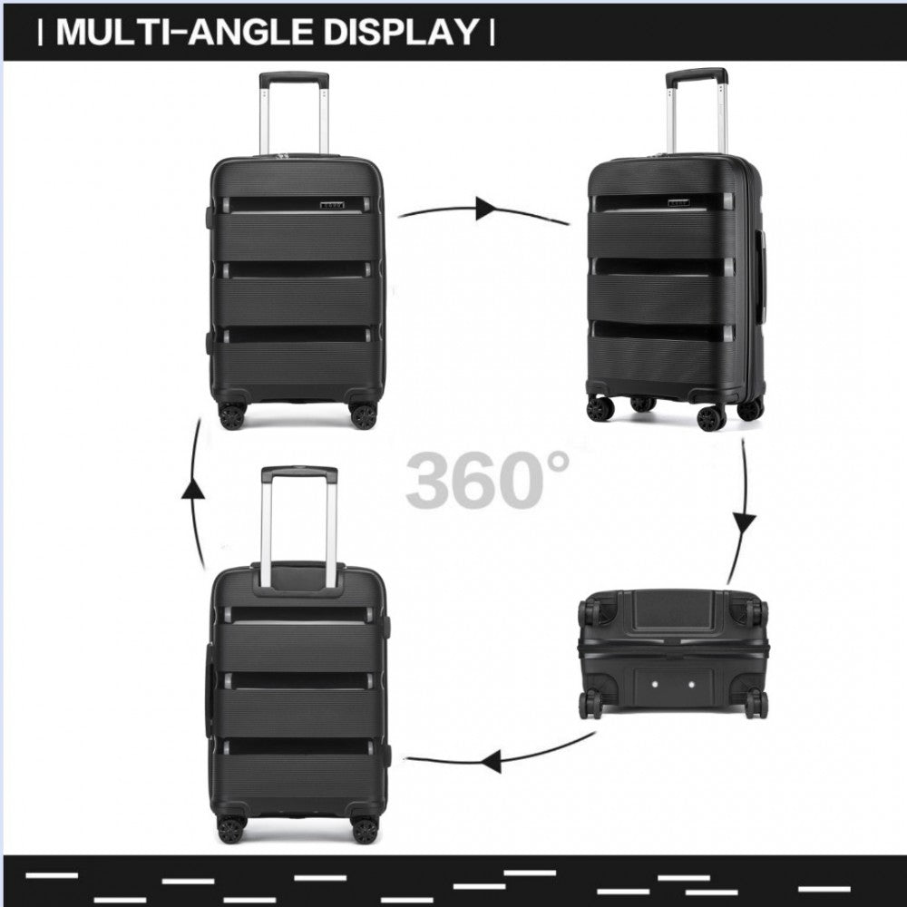 Kono KSK2492 Large Checked Luggage in Black (75x47.5x29cm) - PP Hardshell Lightweight and Durable - Features TSA Lock & 360° Spinner Silent Wheels - Large black hard-shell luggage with horizontal ridges, telescopic handle, TSA lock, and four 360° spinner wheels shown from.