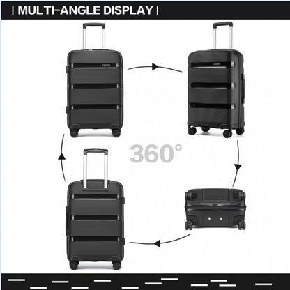 Kono KSK2492 Large Checked Luggage in Black (75x47.5x29cm) - PP Hardshell Lightweight and Durable - Features TSA Lock & 360° Spinner Silent Wheels - Large black hard-shell luggage with horizontal ridges, telescopic handle, TSA lock, and four 360° spinner wheels shown from.