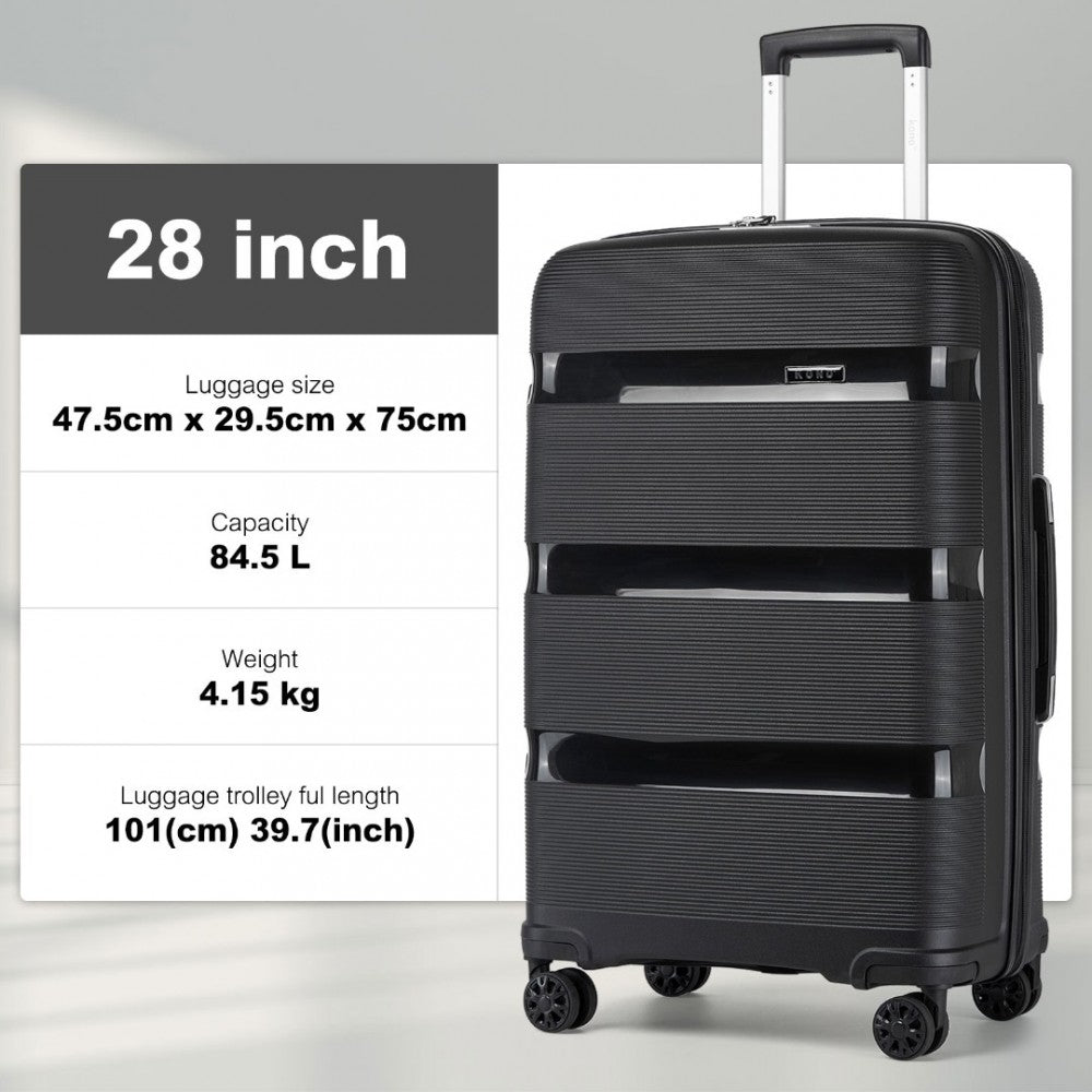 Kono KSK2492 Large Checked Luggage in Black (75x47.5x29cm) - PP Hardshell Lightweight and Durable - Features TSA Lock & 360° Spinner Silent Wheels - Large black checked hard-shell suitcase with telescopic handle and four 360° spinner wheels.