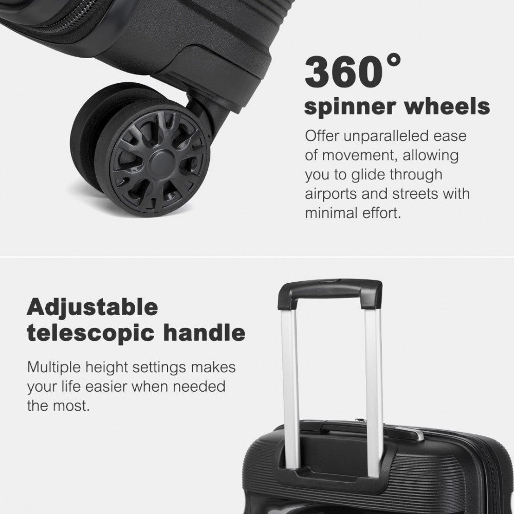 Kono KSK2492 Large Checked Luggage in Black (75x47.5x29cm) - PP Hardshell Lightweight and Durable - Features TSA Lock & 360° Spinner Silent Wheels - Black large checked hardshell luggage with adjustable telescopic handle and 360° spinner wheels.