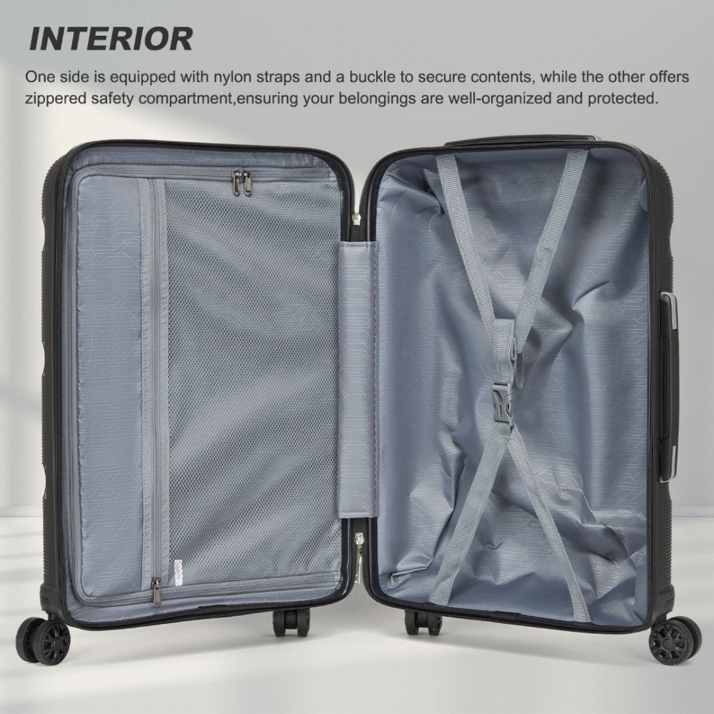 Kono KSK2492 Large Checked Luggage in Black (75x47.5x29cm) - PP Hardshell Lightweight and Durable - Features TSA Lock & 360° Spinner Silent Wheels - Open black large checked hard shell luggage with gray interior, nylon straps, buckle, and zippered compartment.