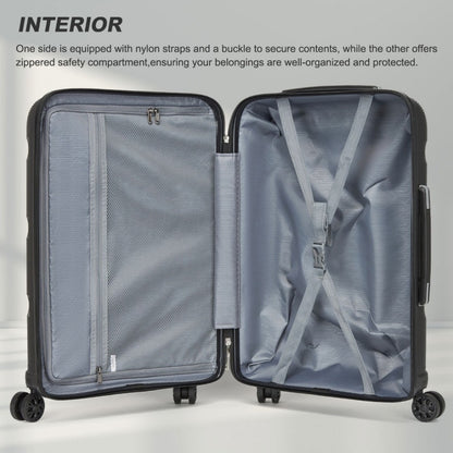 Kono KSK2492 Large Checked Luggage in Black (75x47.5x29cm) - PP Hardshell Lightweight and Durable - Features TSA Lock & 360° Spinner Silent Wheels - Open black large checked hard shell luggage with gray interior, nylon straps, buckle, and zippered compartment.