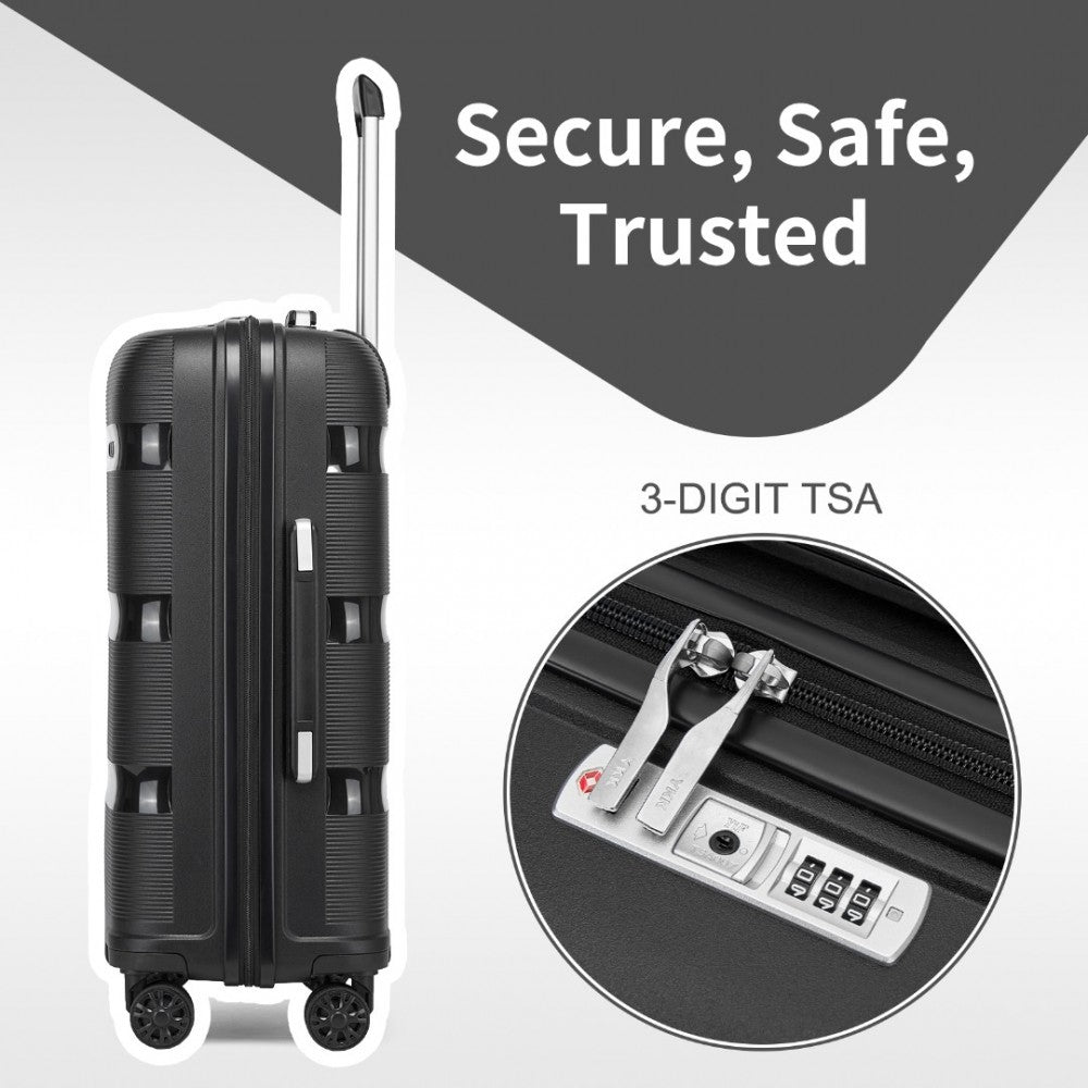 Kono KSK2492 Large Checked Luggage in Black (75x47.5x29cm) - PP Hardshell Lightweight and Durable - Features TSA Lock & 360° Spinner Silent Wheels - Black large checked luggage with 3-digit TSA lock and four 360° spinner silent wheels.