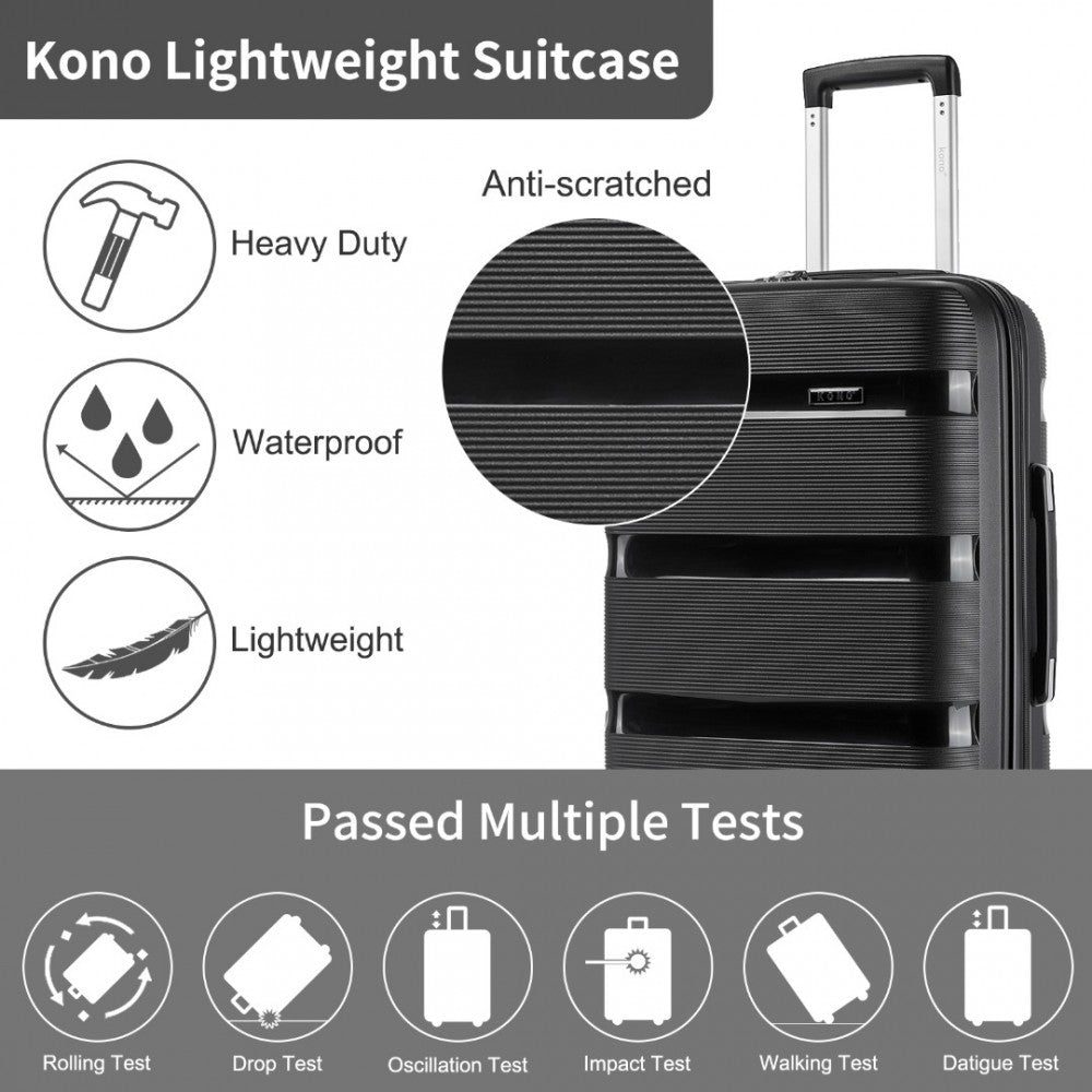 Kono KSK2492 Large Checked Luggage in Black (75x47.5x29cm) - PP Hardshell Lightweight and Durable - Features TSA Lock & 360° Spinner Silent Wheels - Black large checked hardshell suitcase with telescopic handle and smooth 360° spinner wheels.