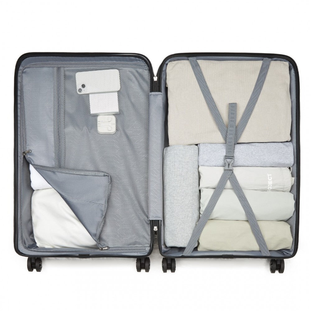 Kono KSK2492 Large Checked Luggage in Black (75x47.5x29cm) - PP Hardshell Lightweight and Durable - Features TSA Lock & 360° Spinner Silent Wheels - Open black checked hardshell luggage with organized packed clothes and cross straps inside compartments.