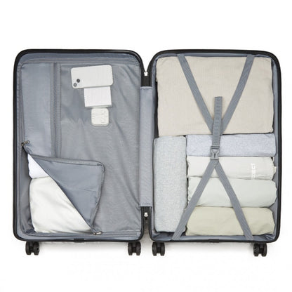 Kono KSK2492 Large Checked Luggage in Black (75x47.5x29cm) - PP Hardshell Lightweight and Durable - Features TSA Lock & 360° Spinner Silent Wheels - Open black checked hardshell luggage with organized packed clothes and cross straps inside compartments.