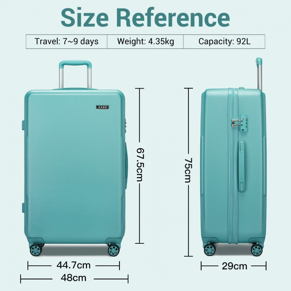 Kono KSK2494 Large Luggage in Blue (75x48x29 cm) - Minimalist Hard Shell ABS+PC Suitcase with TSA Lock 360° Spinner Wheels - Luggage eStore