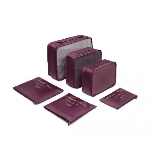E2015 - Kono 6 Piece Polyester Travel Luggage Organiser Bag Set - Burgundy - Luggage eStore