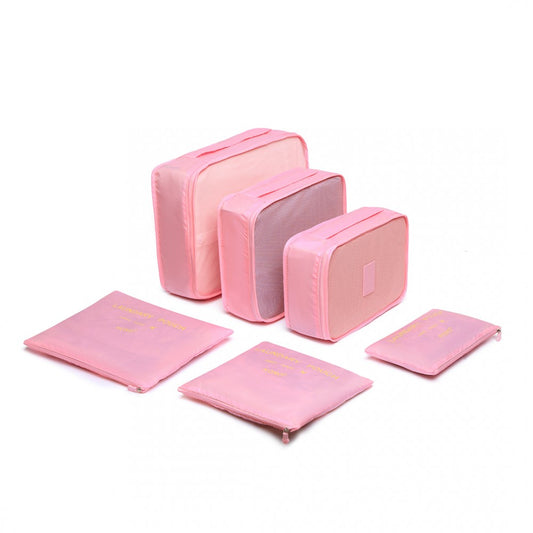 E2015 - Kono 6 Piece Polyester Travel Luggage Organiser Bag Set - Pink - Luggage eStore