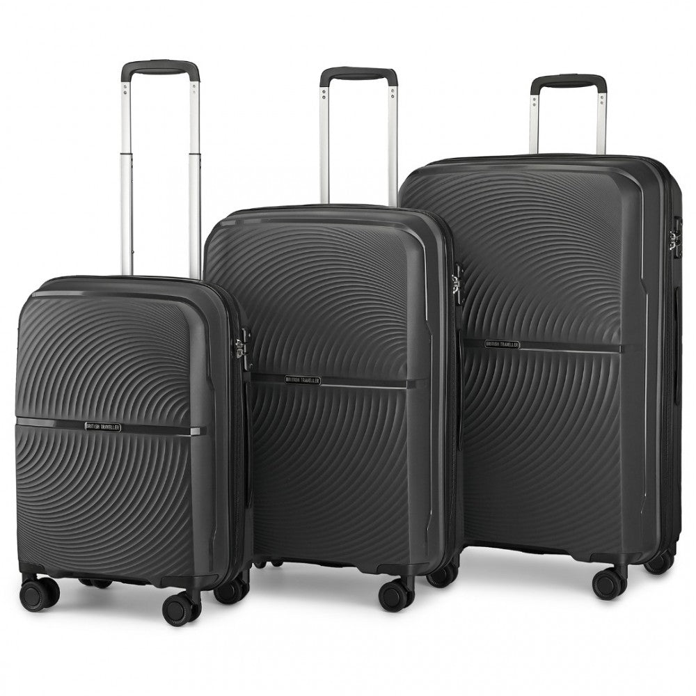 K2393L - British Traveller 3 Pcs Set Spinner Hard Shell PP Suitcase With TSA Lock - Black - Luggage eStore