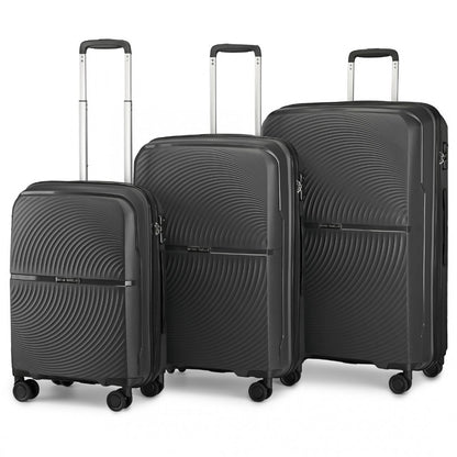 K2393L - British Traveller 3 Pcs Set Spinner Hard Shell PP Suitcase With TSA Lock - Black - Luggage eStore