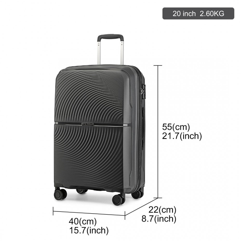 K2393L - British Traveller 3 Pcs Set Spinner Hard Shell PP Suitcase With TSA Lock - Black - Luggage eStore