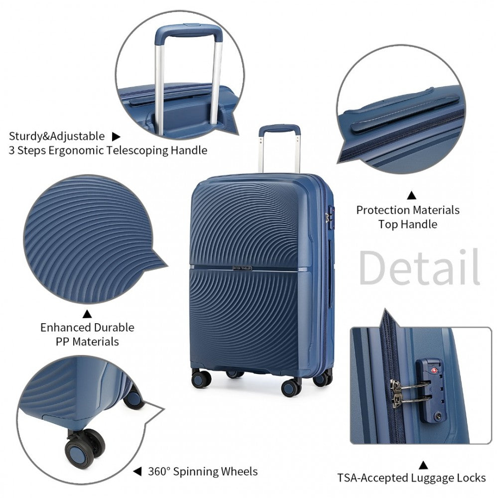 K2393L - British Traveller 3 Pcs Set Spinner Hard Shell PP Suitcase With TSA Lock - Navy - Luggage eStore