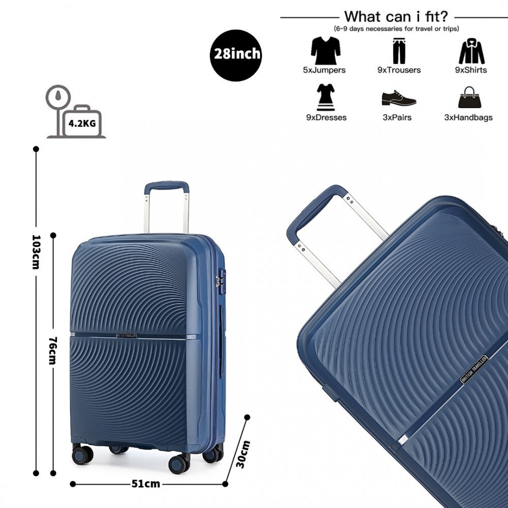 K2393L - British Traveller 3 Pcs Set Spinner Hard Shell PP Suitcase With TSA Lock - Navy - Luggage eStore