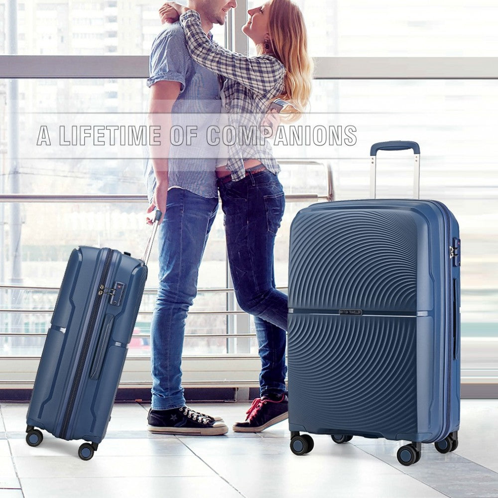 K2393L - British Traveller 3 Pcs Set Spinner Hard Shell PP Suitcase With TSA Lock - Navy - Luggage eStore