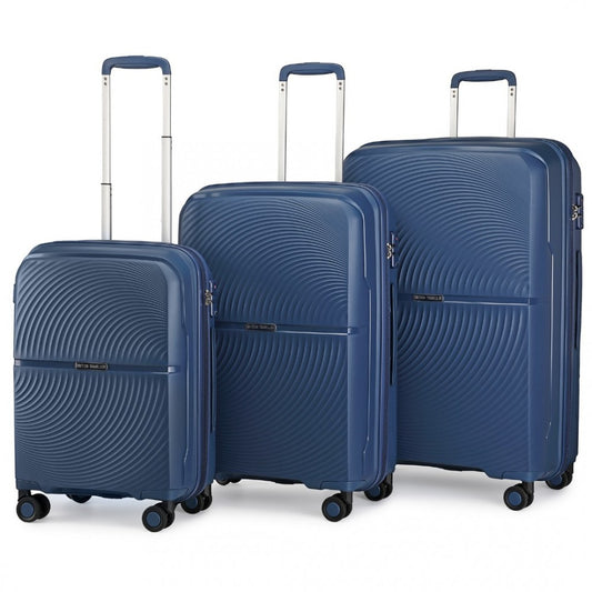 K2393L - British Traveller 3 Pcs Set Spinner Hard Shell PP Suitcase With TSA Lock - Navy - Luggage eStore