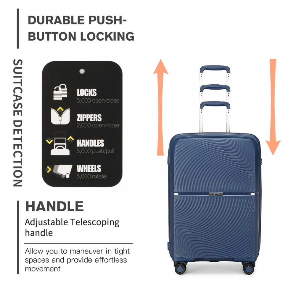 K2393L - British Traveller 3 Pcs Set Spinner Hard Shell PP Suitcase With TSA Lock - Navy - Luggage eStore