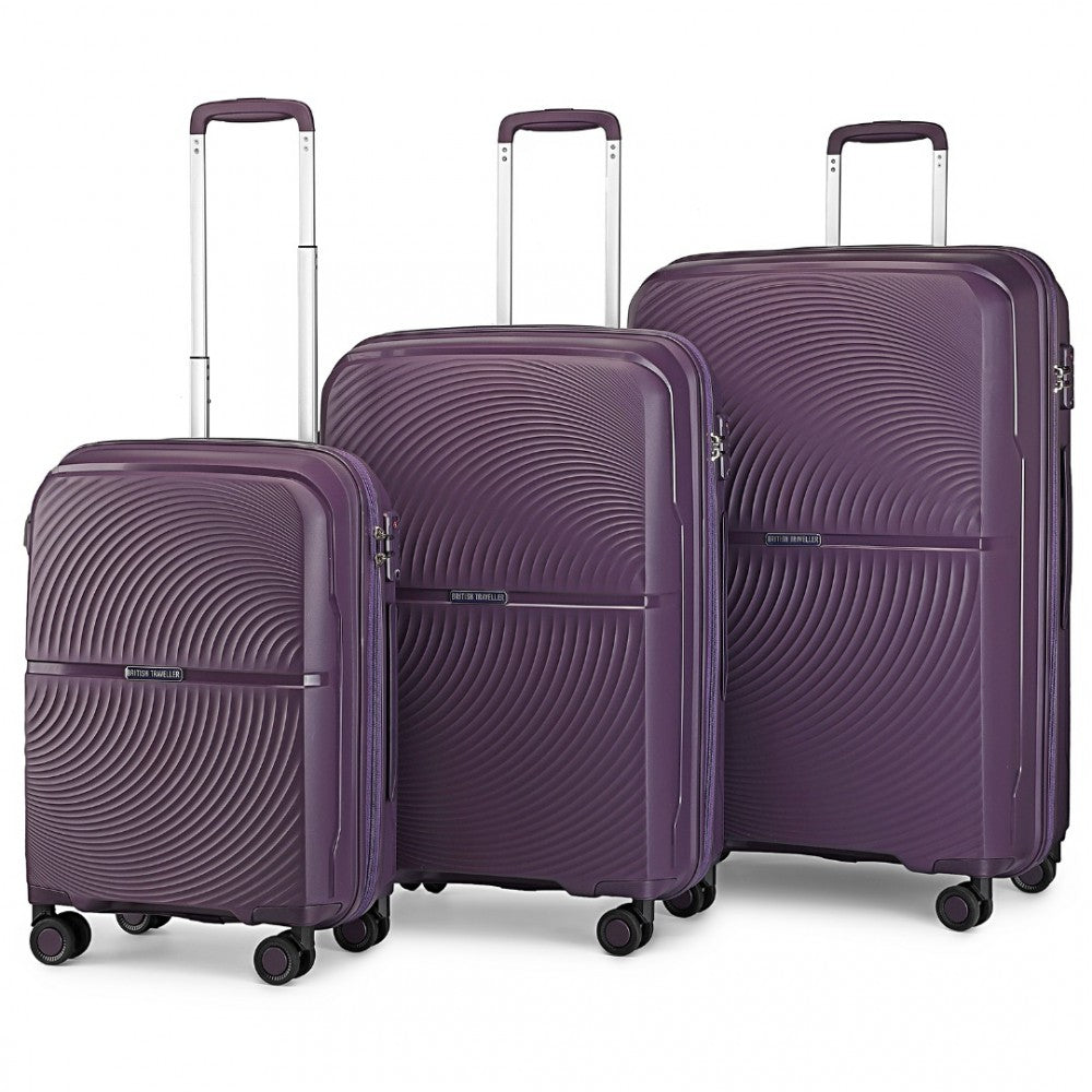 K2393L - British Traveller 3 Pcs Set Spinner Hard Shell PP Suitcase With TSA Lock - Purple - Luggage eStore