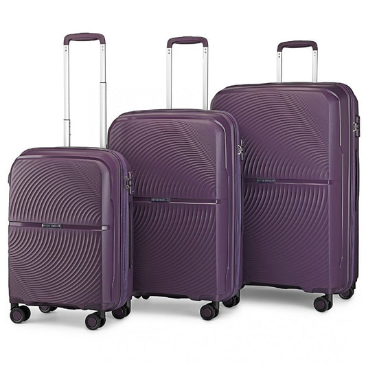 K2393L - British Traveller 3 Pcs Set Spinner Hard Shell PP Suitcase With TSA Lock - Purple - Luggage eStore