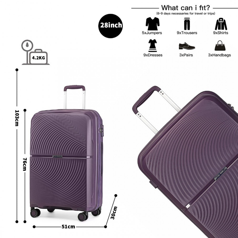 K2393L - British Traveller 3 Pcs Set Spinner Hard Shell PP Suitcase With TSA Lock - Purple - Luggage eStore