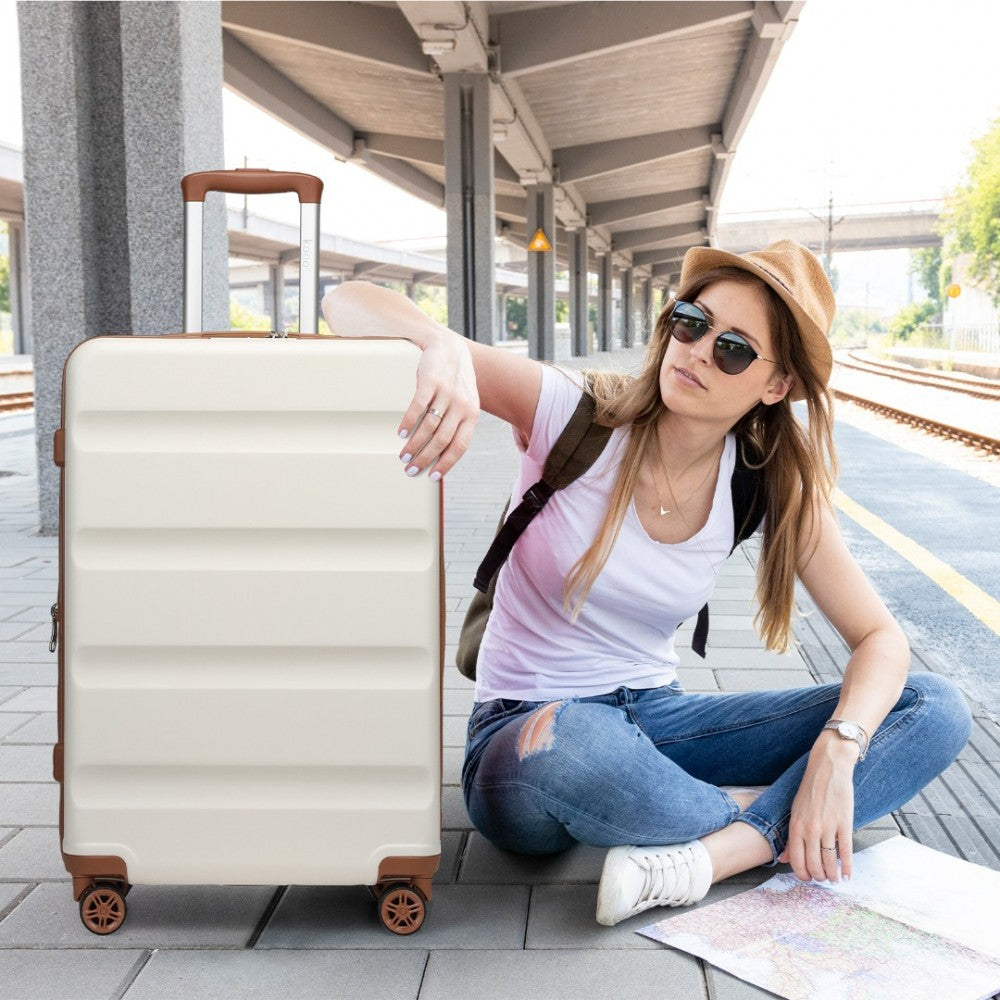 Kono KSK2482 Mid-Size Luggage in Cream & Tan (65x43.5x25cm) - Expandable Hard Shell ABS+PC Check-In Suitcase with TSA Lock