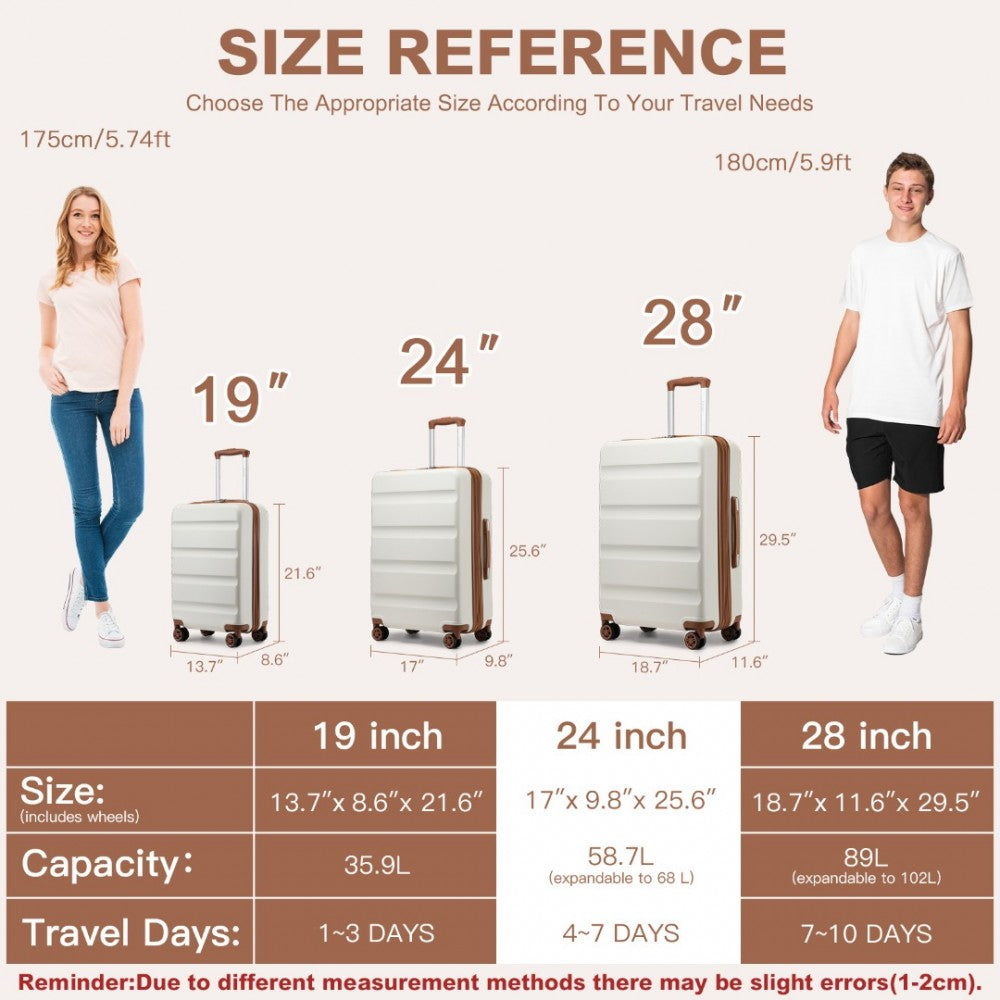 Kono KSK2482 Mid-Size Luggage in Cream & Tan (65x43.5x25cm) - Expandable Hard Shell ABS+PC Check-In Suitcase with TSA Lock