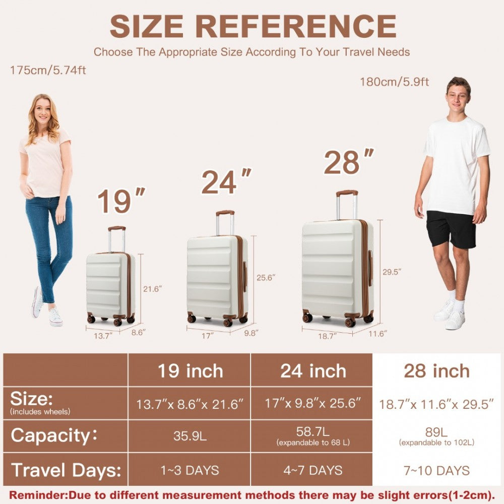 Kono KSK2482 Large Luggage in Cream & Tan (75x47.5x29.5cm) - Expandable Horizontal Engraved Hard Shell ABS+PC Check-In Suitcase with TSA Lock