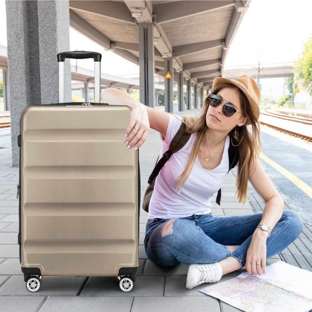 Kono KSK2482 Large Luggage in Gold (75x47.5x29.5cm) - Expandable Horizontal Engraved Hard Shell ABS+PC Check-In Suitcase with TSA Lock
