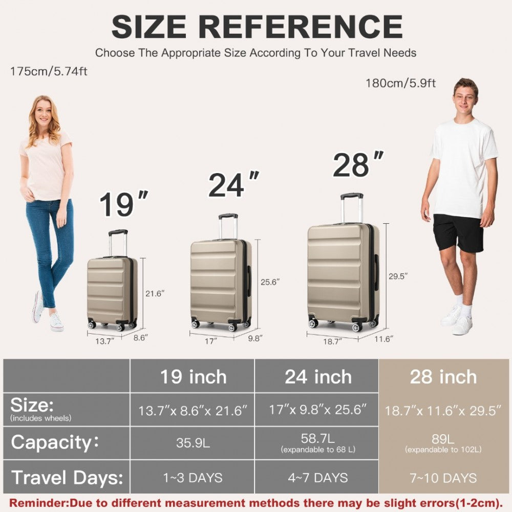 Kono KSK2482 Large Luggage in Gold (75x47.5x29.5cm) - Expandable Horizontal Engraved Hard Shell ABS+PC Check-In Suitcase with TSA Lock