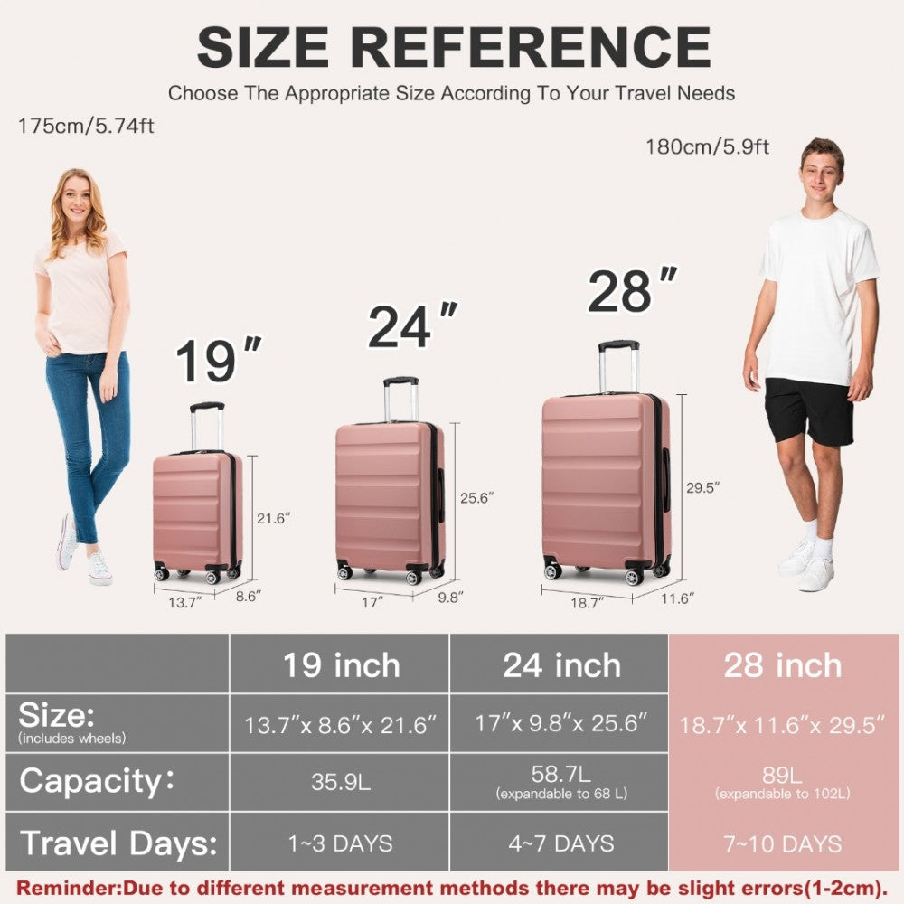 Kono KSK2482 Large Luggage in Pink (75x47.5x29.5cm) - Expandable Horizontal Engraved Hard Shell ABS+PC Check-In Suitcase with TSA Lock