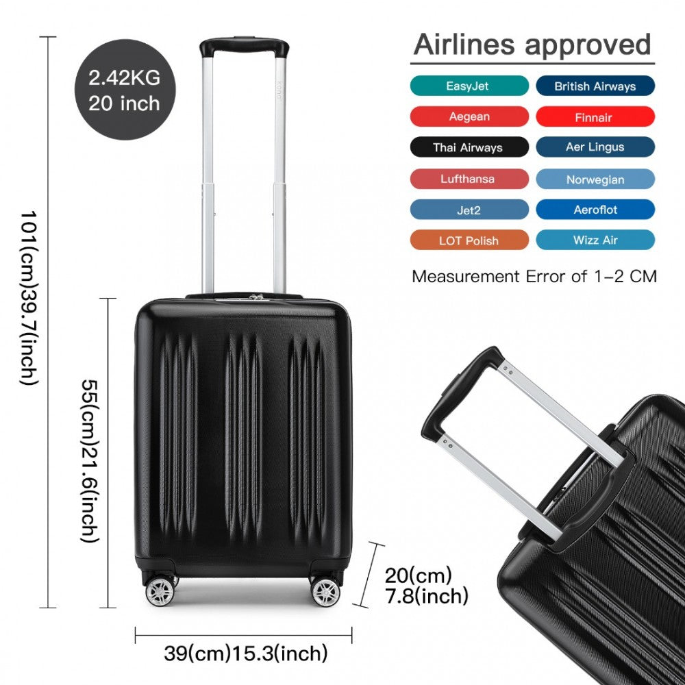 KSK2483 - Kono 20 Inch Sleek Striped Carry-On Suitcase Durable ABS+PC Luggage With Four Spinner Wheels And TSA Lock Perfect for Travel - Black - Luggage eStore