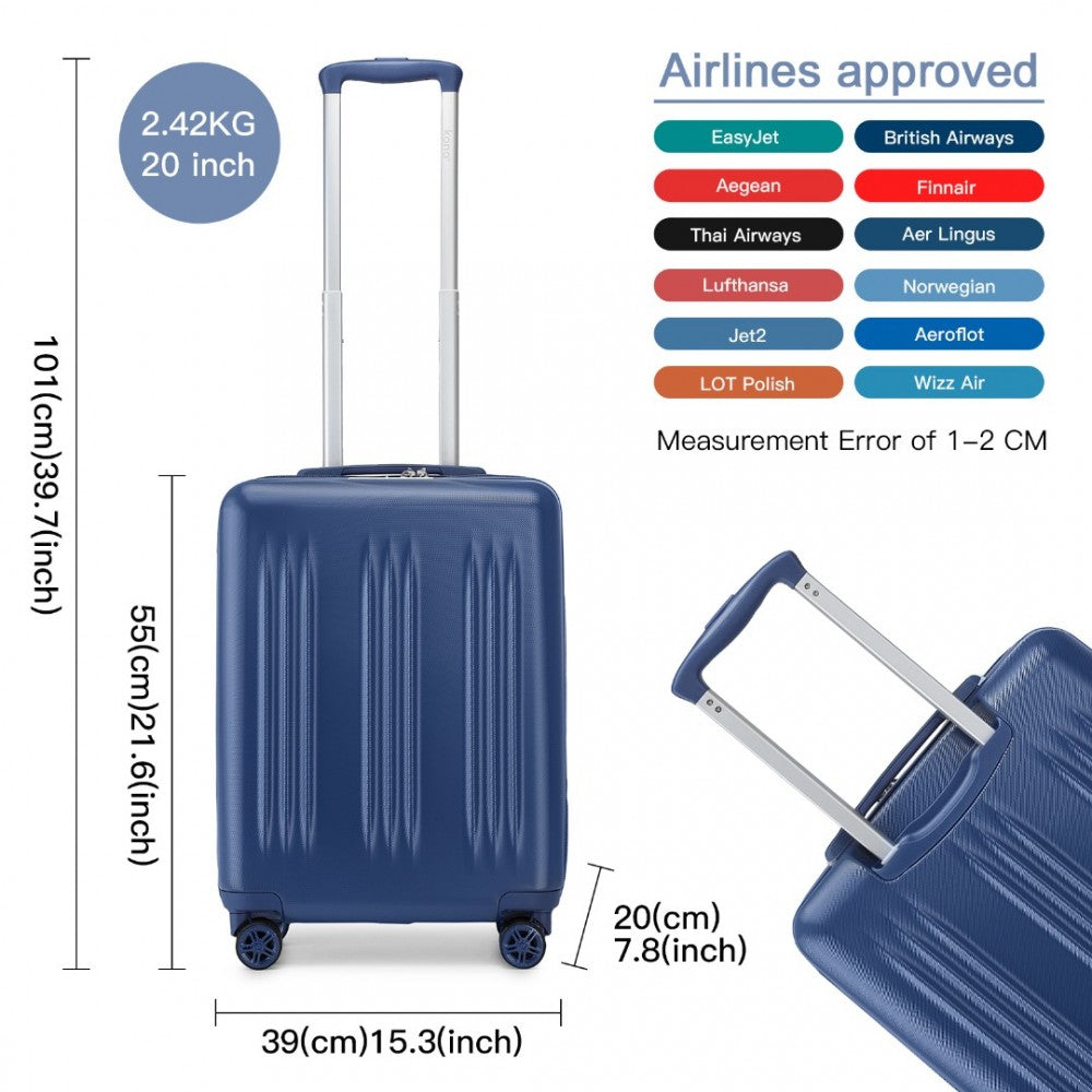 KSK2483 - Kono 20 Inch Sleek Striped Carry-On Suitcase Durable ABS+PC Luggage With Four Spinner Wheels And TSA Lock Perfect for Travel - Navy - Luggage eStore