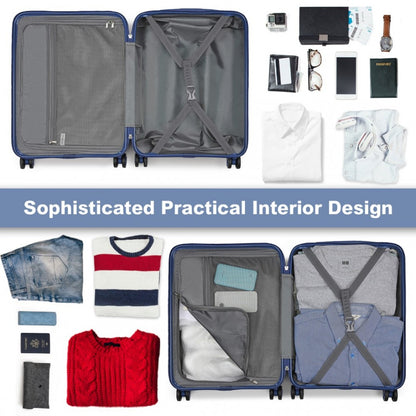 KSK2483 - Kono 20 Inch Sleek Striped Carry-On Suitcase Durable ABS+PC Luggage With Four Spinner Wheels And TSA Lock Perfect for Travel - Navy - Luggage eStore