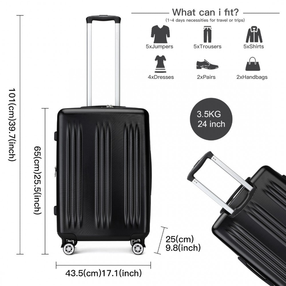 KSK2483 - Kono 24 Inch Sleek Striped Check-In Suitcase Expandable Durable ABS+PC Luggage with Four Spinner Wheels TSA Lock - Black - Luggage eStore