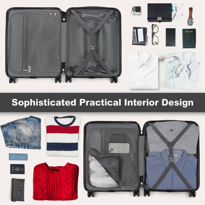 KSK2483 - Kono 24 Inch Sleek Striped Check-In Suitcase Expandable Durable ABS+PC Luggage with Four Spinner Wheels TSA Lock - Black - Luggage eStore