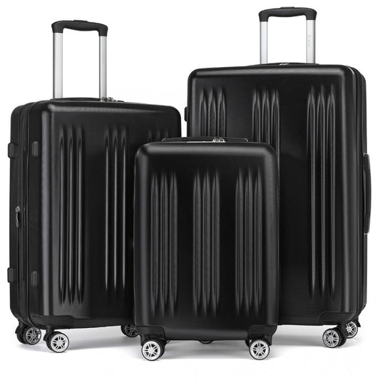 KSK2483 - Kono 3 Piece Luggage Set 20/24/28 Inch Sleek Striped Expandable ABS+PC Suitcase With TSA Lock And Four Spinner Wheels - Black - Luggage eStore