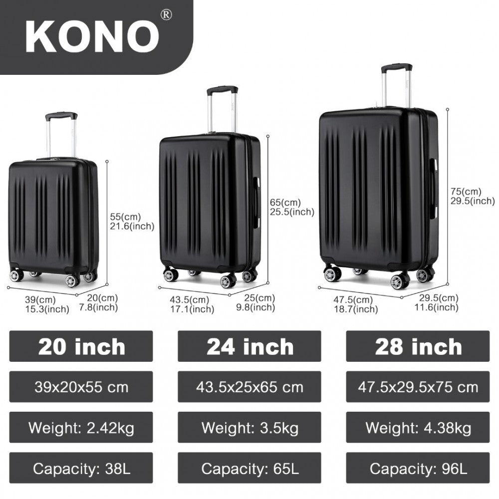 KSK2483 - Kono 3 Piece Luggage Set 20/24/28 Inch Sleek Striped Expandable ABS+PC Suitcase With TSA Lock And Four Spinner Wheels - Black - Luggage eStore