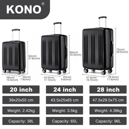 KSK2483 - Kono 3 Piece Luggage Set 20/24/28 Inch Sleek Striped Expandable ABS+PC Suitcase With TSA Lock And Four Spinner Wheels - Black - Luggage eStore